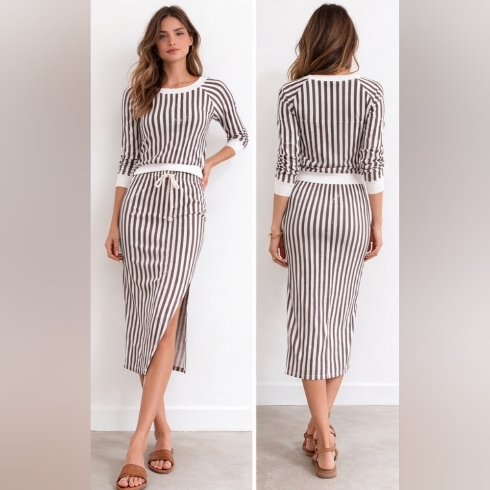 Jen's Pirate Booty Brown Striped Large Cotton Top Midi Skirt Matching Set Beachy